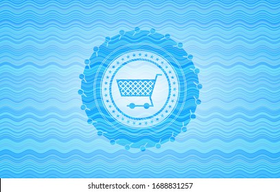 shopping cart icon inside light blue water wave style emblem.