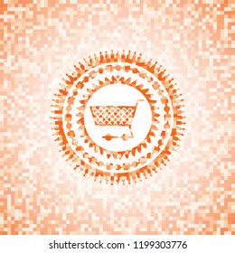 shopping cart icon inside orange mosaic emblem with background