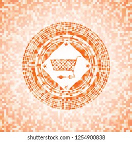 shopping cart icon inside orange tile background illustration. Square geometric mosaic seamless pattern with emblem inside.