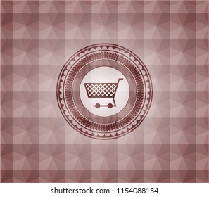 shopping cart icon inside red seamless emblem with geometric pattern background.