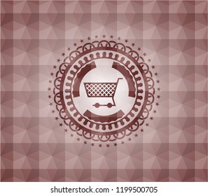 shopping cart icon inside red geometric emblem. Seamless.