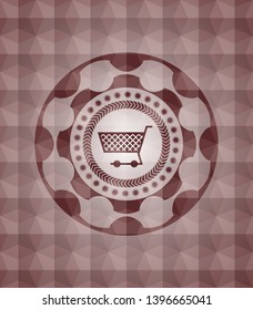 shopping cart icon inside red seamless geometric pattern emblem. Seamless.