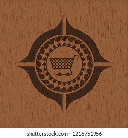 shopping cart icon inside retro style wood emblem