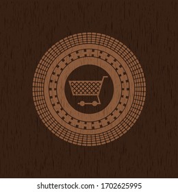 shopping cart icon inside retro style wooden emblem. 