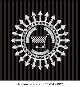 shopping cart icon inside silver emblem