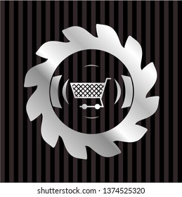 shopping cart icon inside silver emblem