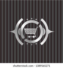 shopping cart icon inside silver shiny badge