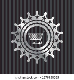 shopping cart icon inside silver shiny emblem