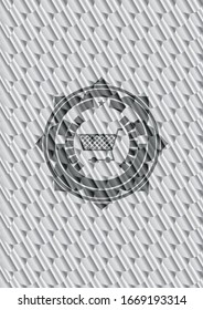 shopping cart icon inside silver emblem. Scales pattern. Vector Illustration. Detailed.