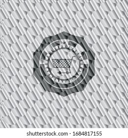 shopping cart icon inside silver emblem or badge. Scales pattern. Vector Illustration. Detailed.