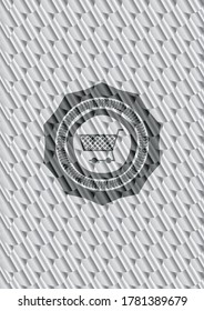 shopping cart icon inside silver emblem or badge. Scales pattern. Vector Illustration. Detailed. 