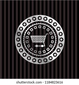 shopping cart icon inside silvery emblem or badge