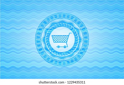 shopping cart icon inside sky blue water emblem background.