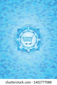 shopping cart icon inside sky blue emblem with triangle mosaic background