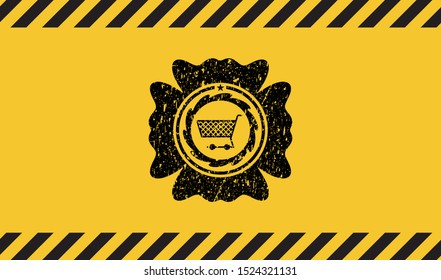 shopping cart icon inside warning sign, black grunge emblem. Vector Illustration. Detailed.
