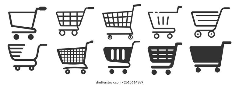 Shopping cart icon isolated on transparent. Trolley and grocery basket. Shopping cart icon set, flat and line style for E-commerce and retail