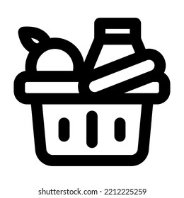 Icono del carro de la compra aislado ilustración vectorial con alimentos y productos completos de frutas. Carro de compras de estilo negro de alta calidad para supermercados, concepto de pago de cestas.