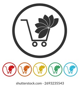 Icono de Carrito de compras con una hoja. Establecer íconos en Botones de círculo de color
