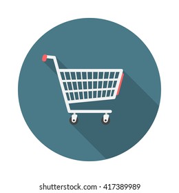 Shopping cart icon with long shadow. Flat design style. Round icon. Shopping cart silhouette. Simple circle icon. Modern icon in stylish colors. Web site page and mobile app design vector element.