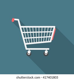 Shopping cart icon with long shadow. Flat design style. Shopping cart silhouette. Simple icon. Modern flat icon in stylish colors. Web site page and mobile app design vector element.