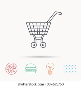 Shopping cart icon. Market buying sign. Global connect network, ocean wave and burger icons. Lightbulb lamp symbol.