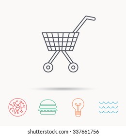 Shopping cart icon. Market buying sign. Global connect network, ocean wave and burger icons. Lightbulb lamp symbol.