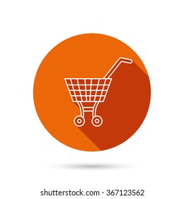 Shopping cart icon. Market buying sign. Round orange web button with shadow.