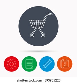 Shopping cart icon. Market buying sign. Calendar, cogwheel, document file and pencil icons.