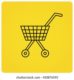 Shopping cart icon. Market buying sign. Linear icon on orange background. Vector