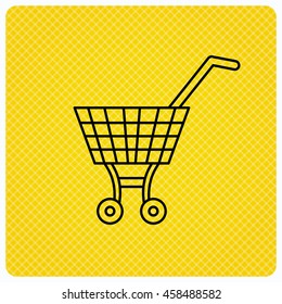 Shopping cart icon. Market buying sign. Linear icon on orange background. Vector