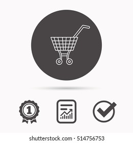 Shopping cart icon. Market buying sign. Report document, winner award and tick. Round circle button with icon. Vector