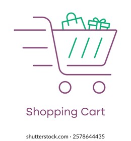 Shopping Cart Icon – Minimalist Trolley with Products Inside, Representing Online Purchases.