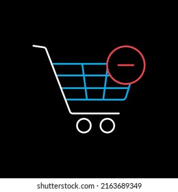 Shopping cart icon with minus isolated on the black. Remove from cart. E-commerce sign. Graph symbol for your web site design, logo, app, UI. Vector illustration, EPS10.