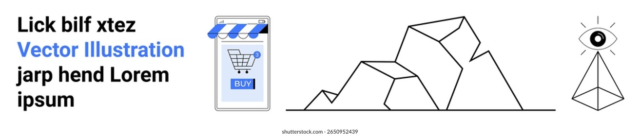 Shopping cart icon next to a digital storefront, geometric mountain landscape, pyramid with eye symbol on top. Ideal for e-commerce, digital security, branding, spirituality, abstract art, retail