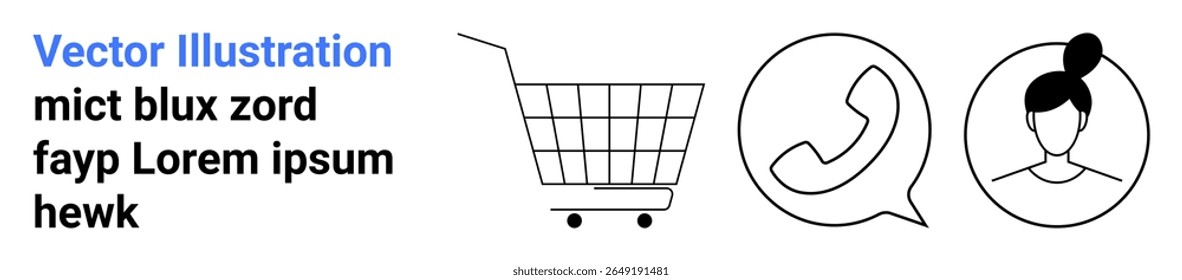 Shopping cart icon next to a phone call symbol and a female user avatar in speech bubbles. Ideal for e-commerce, customer service, user profiles, contact centers, shopping apps, website banners