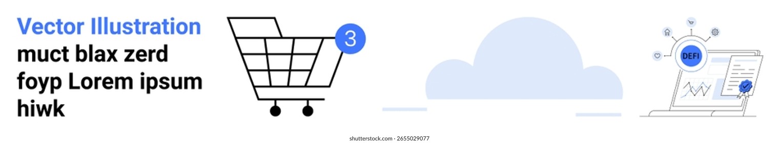 Icono de Carrito de compras con notificación, almacenamiento en la nube y pantalla de análisis de datos. Ideal para comercio electrónico, computación en la nube, análisis de datos, análisis de negocios, marketing digital, tecnología, en línea