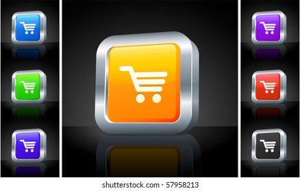 Shopping Cart Icon on 3D Button with Metallic Rim Original Illustration