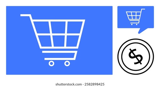 Shopping cart icon on blue background, speech bubble with cart, and dollar sign. Ideal for e-commerce, online shopping, retail apps, digital marketing, payment systems, financial transactions
