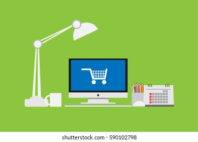 Shopping cart icon on Computer Monitor Vector  monitor display 