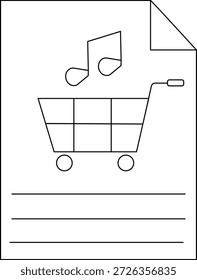 Icono de Carrito de compras en el documento con el gráfico de la nota de música arriba y el espacio de escritura abajo