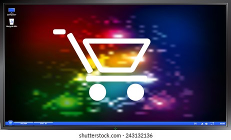 Shopping cart icon on the screen monitor. Made vector illustration