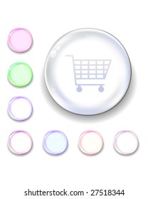 Shopping cart icon on translucent glass orb vector button