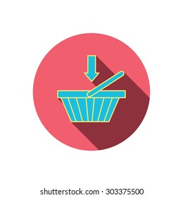 Shopping cart icon. Online buying sign. Red flat circle button. Linear icon with shadow. Vector