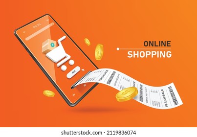 shopping cart icon and order confirmation icon placed on the smartphone screen and the receipt paper flowed out for delivery and online shopping concept,vector 3d on orange background for advertising