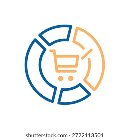 Einkaufswagen-Symbol, das ein segmentiertes Tortendiagramm überlagert, das Einzelhandelsanalysen, Business Intelligence und E-Commerce-Daten darstellt. Bearbeitbarer Strich durch dünnes Liniensymbol