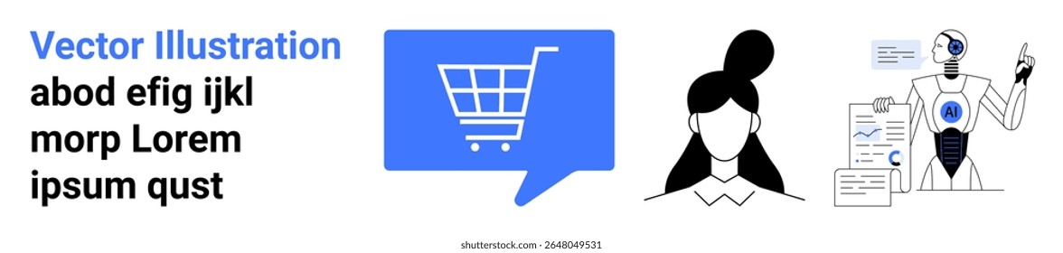 Ícone do carrinho de compras, pessoa, robô com análise de dados. Ideal para e-commerce, IA, tecnologia, marketing digital, compras on-line, análise de negócios, inovação. Página inicial