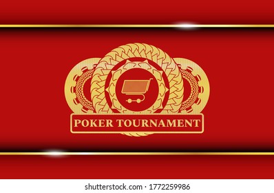 shopping cart icon and POKER TOURNAMENT text Gold and Red color realistic emblem. Traditional graceful background. Intense illustration. 