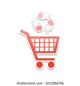 Shopping cart icon with a recycle sign. Vector. Reddish icon with white and gray shadow on white background. Isolated.