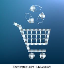 Shopping cart icon with a recycle sign. Vector. White textured icon at lapis lazuli gradient background.