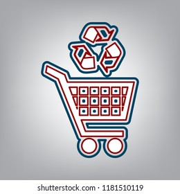 Shopping cart icon with a recycle sign. Vector. Dark red, transparent and midnight green stroke of white icon at grayish background.